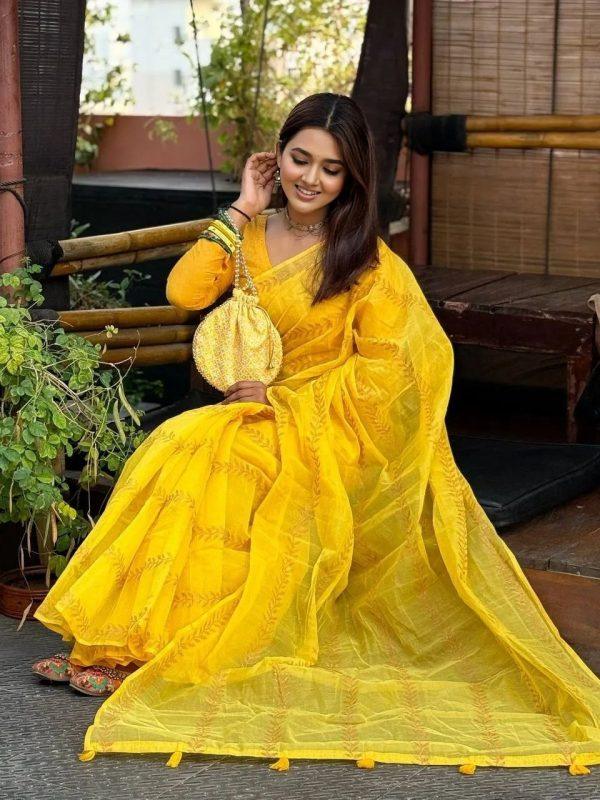 প্রিমিয়াম সেমি মসলিন হলুদ শাড়ি