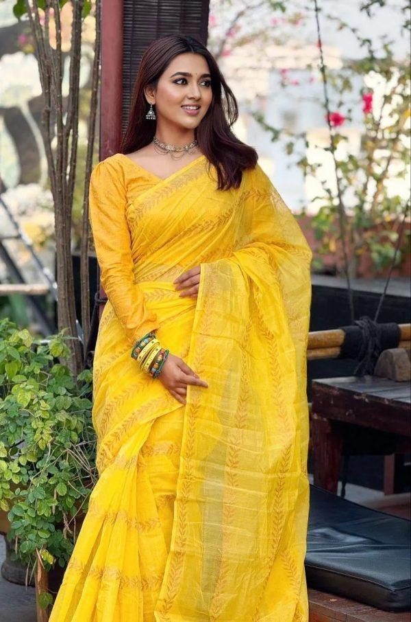 প্রিমিয়াম সেমি মসলিন হলুদ শাড়ি
