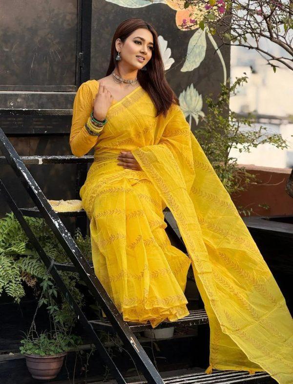 প্রিমিয়াম সেমি মসলিন হলুদ শাড়ি