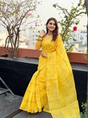 প্রিমিয়াম সেমি মসলিন হলুদ শাড়ি