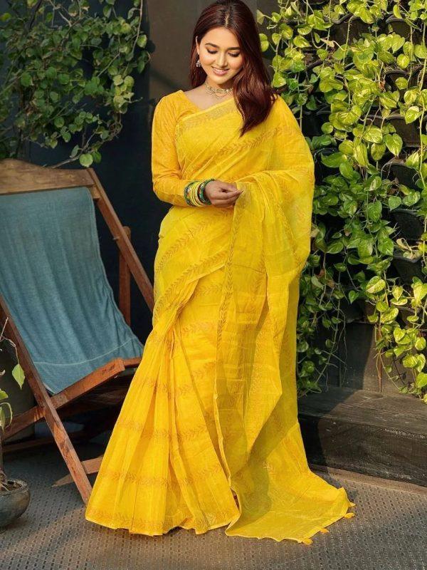 প্রিমিয়াম সেমি মসলিন হলুদ শাড়ি
